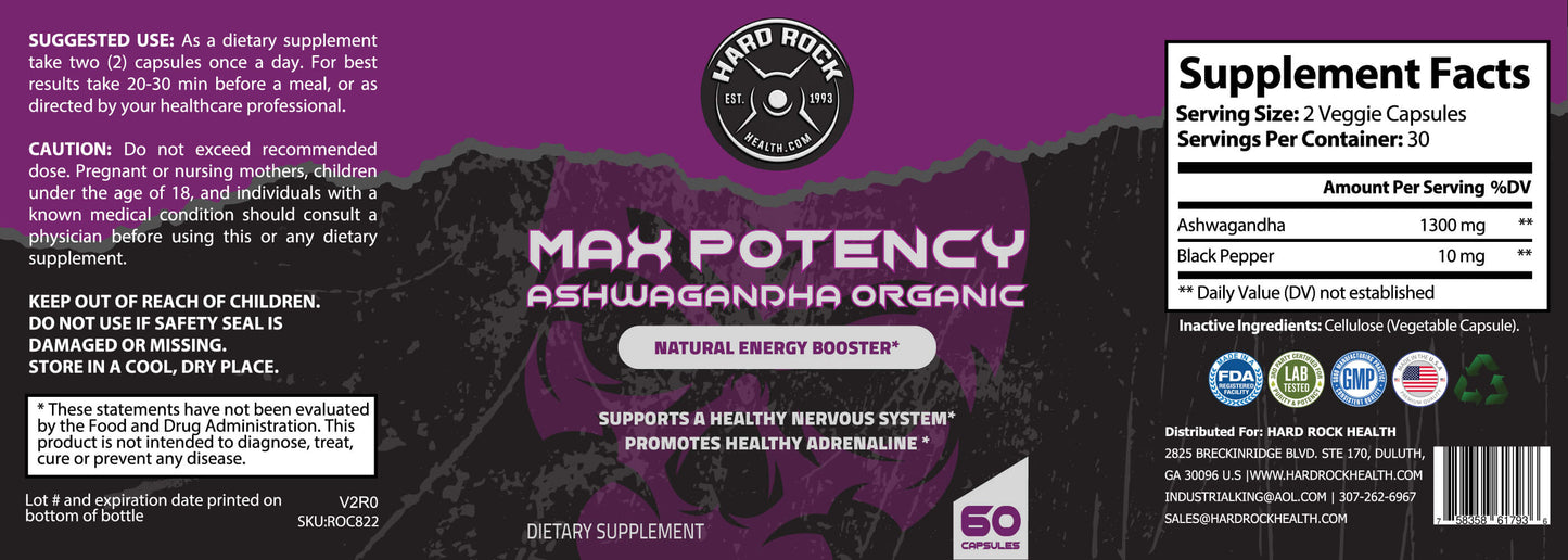 Max Potency Orgánach Ashwagandha - teanndáileog Fuinnimh Nádúrtha