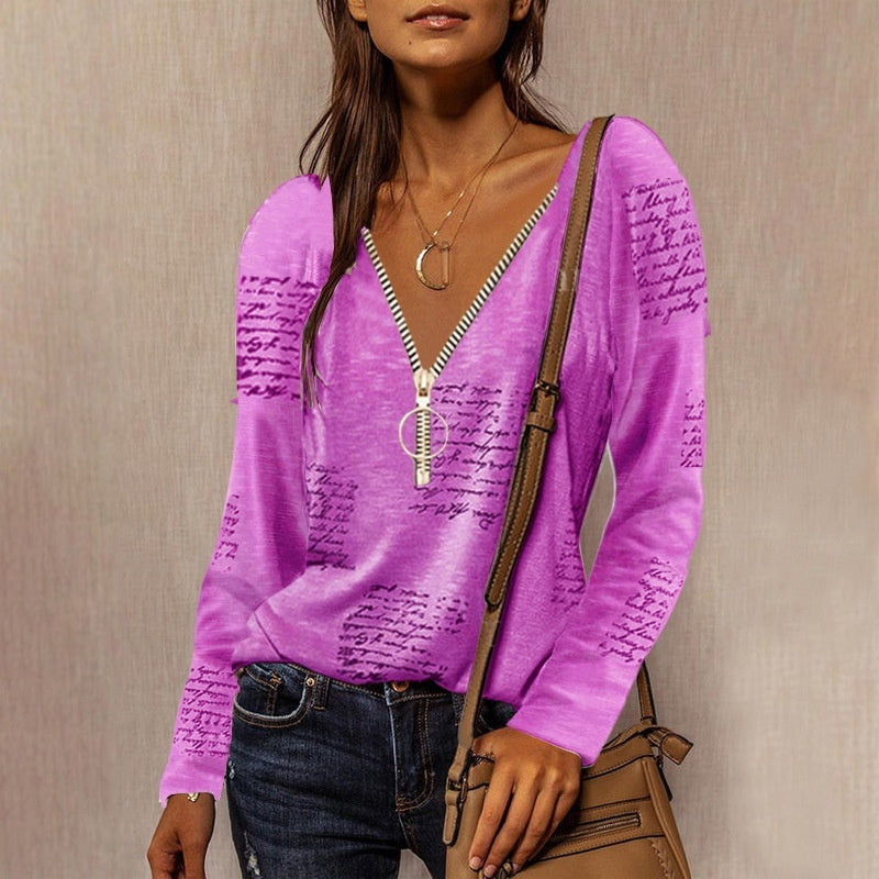 Zipper V-neck English Print Long Sleeve Casual Top
