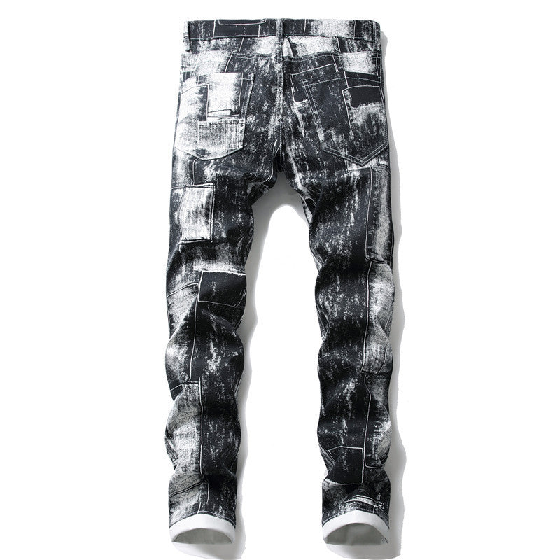 Youth Printed Straight Black Zipper Front Casual Pants