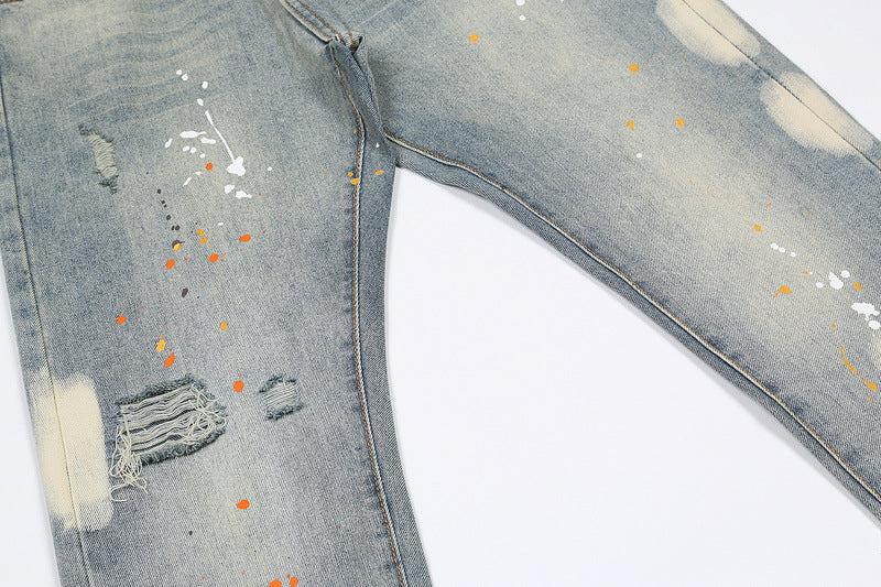 Knife Cut Ink Wash Distressed Straight-leg Jeans