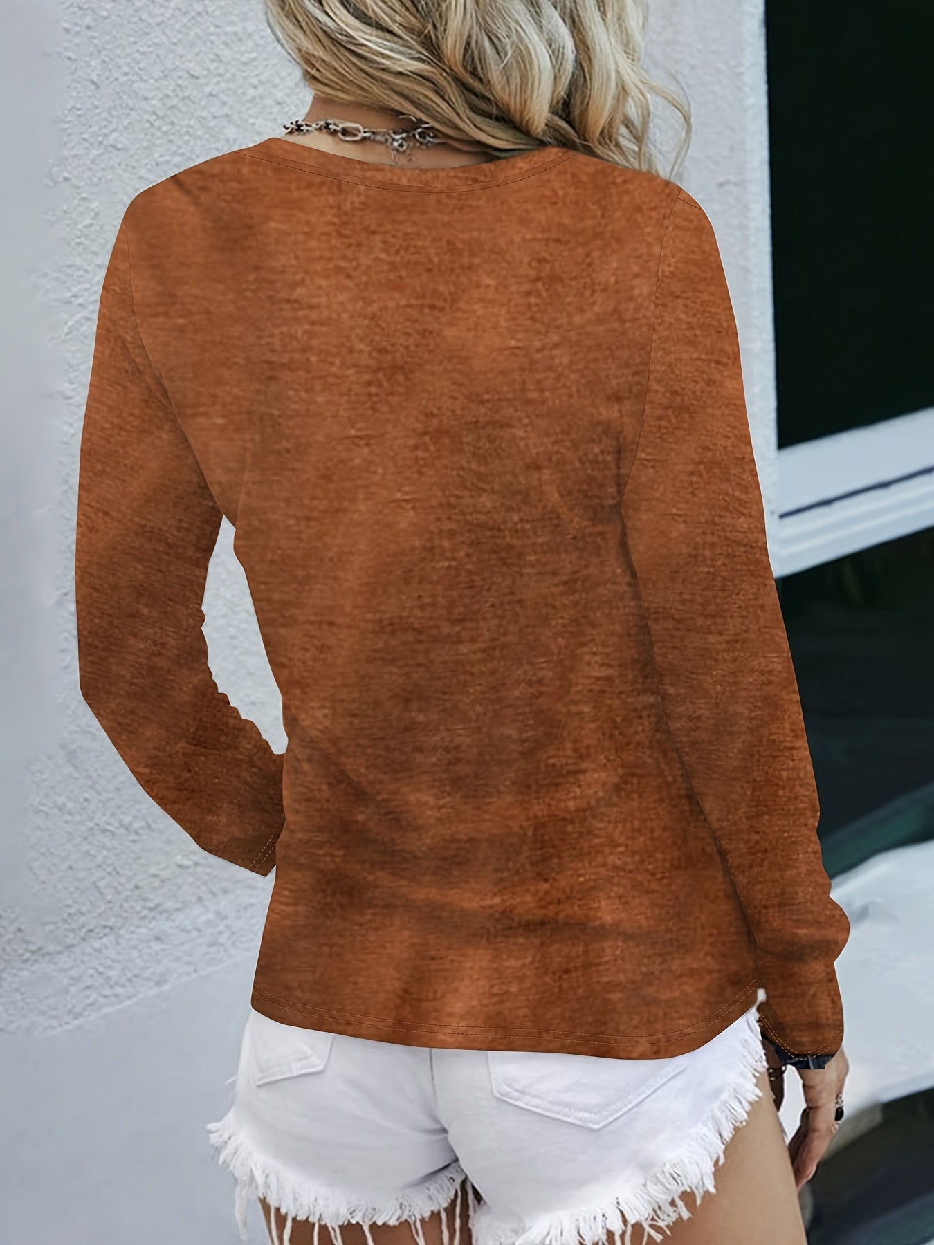 Long Sleeve Geometric-Pattern Ruched Bust Crew Neck T-Shirt