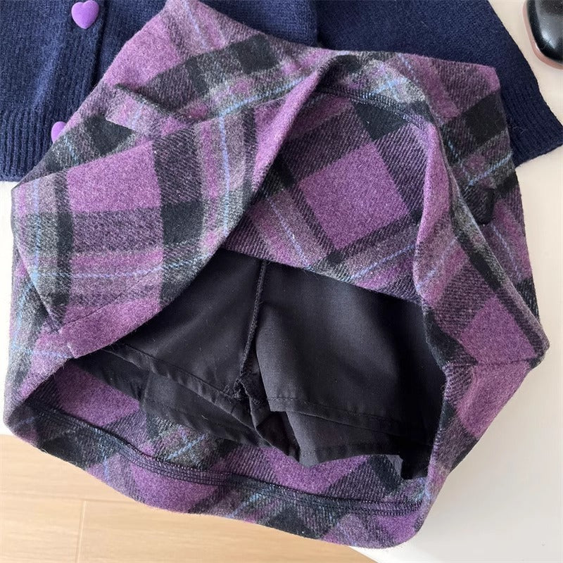 Autumn New Fashion Button Sweater Tartan Skirt Two-piece Suit