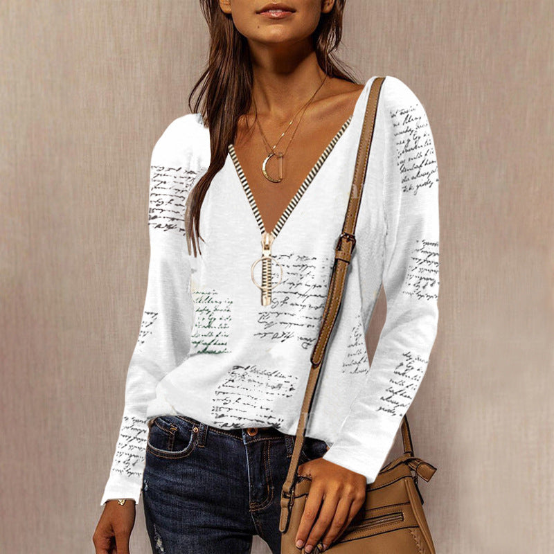 Zipper V-neck English Print Long Sleeve Casual Top