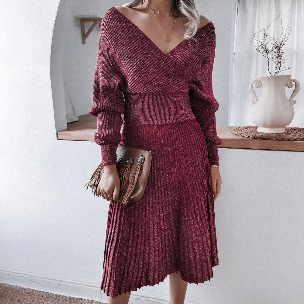 Long Sleeve Off Shoulder Sweater Casual Pleated Skirt
