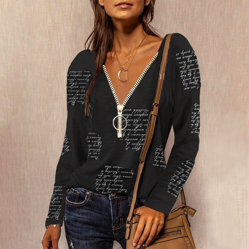 Zipper V-neck English Print Long Sleeve Casual Top