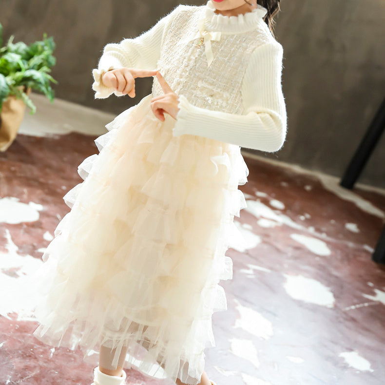 Girls Sweater Stitching Knitted Woolen Skirt