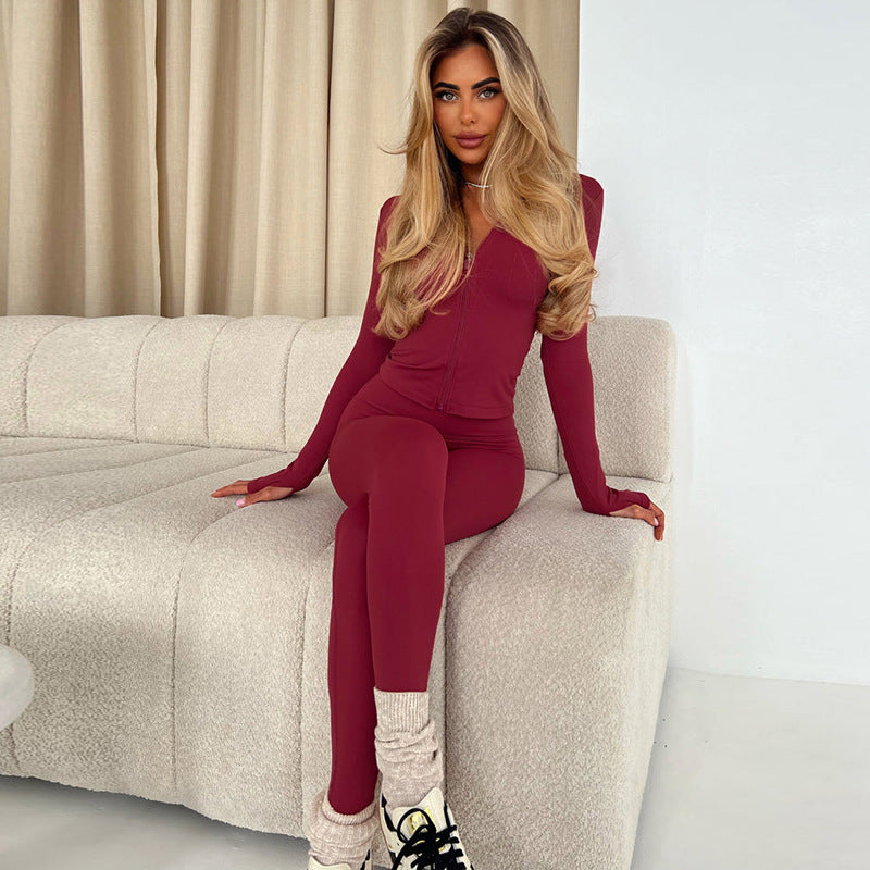 Zipper Coat High Waist Slim Trousers Suit