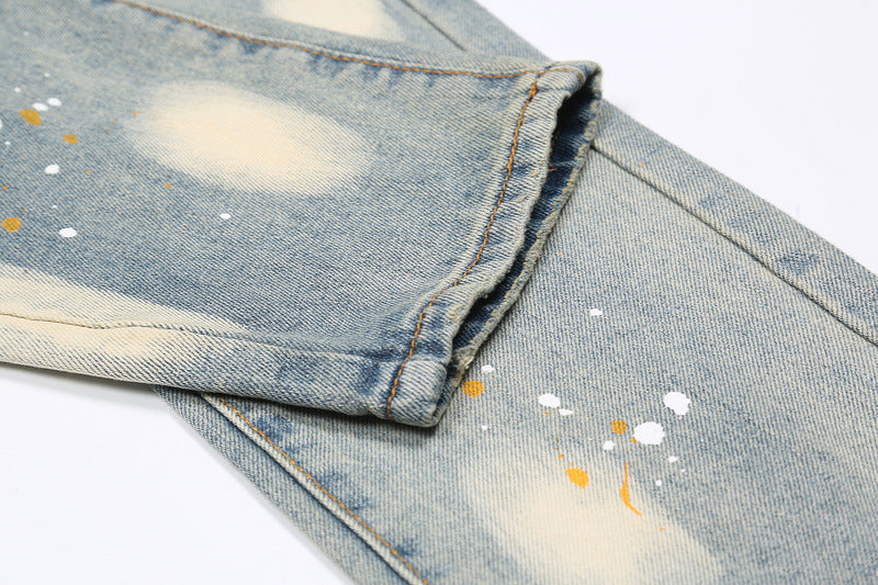 Knife Cut Ink Wash Distressed Straight-leg Jeans