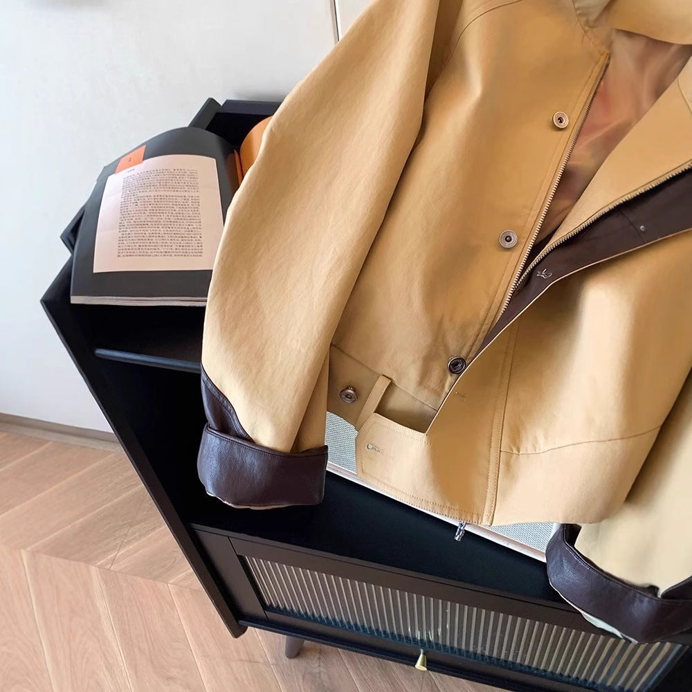 Khaki Leather Patchwork Stand Collar Jacket Short Coat For Women Autumn
