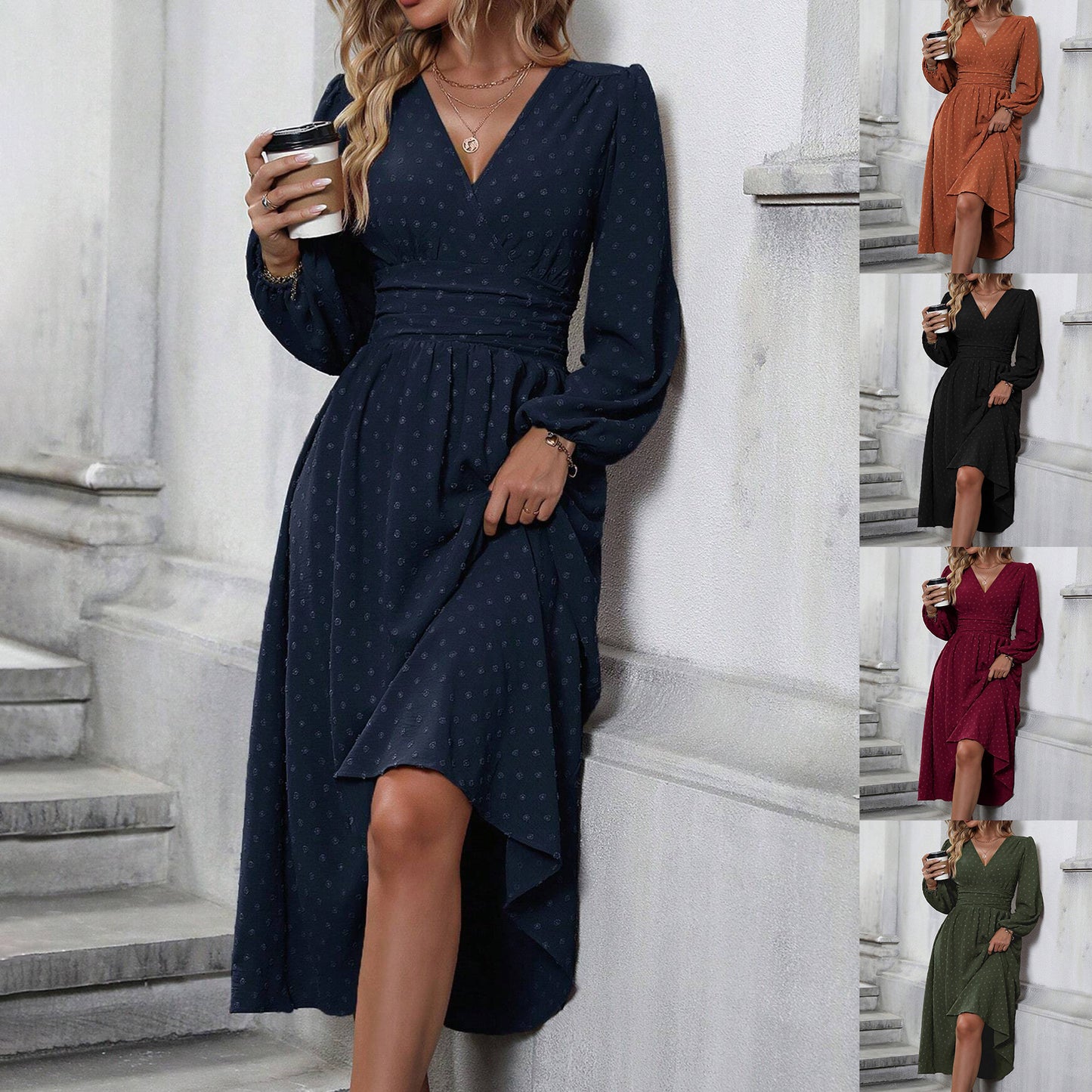 Lantern Sleeve Pleated Waist Dress