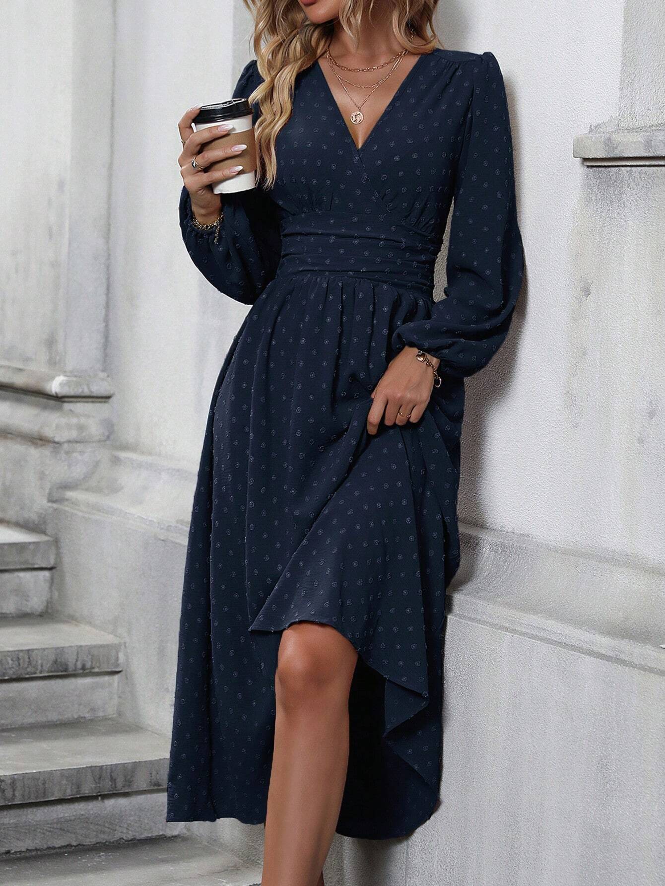 Lantern Sleeve Pleated Waist Dress