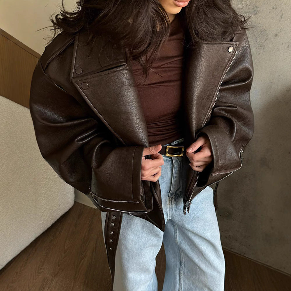 Lady Temperament Short Lace Up Leather Coat