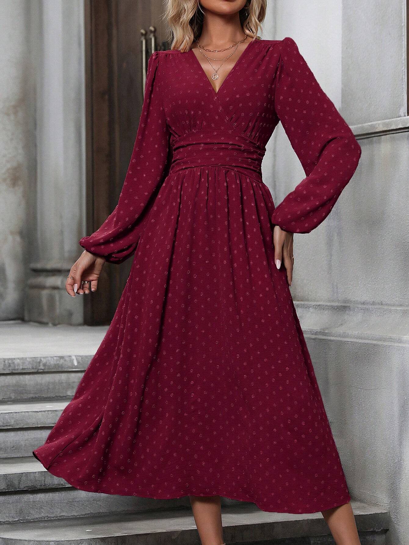 Lantern Sleeve Pleated Waist Dress