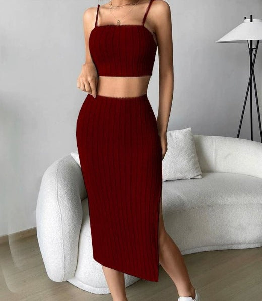 Women's Solid Color Stretch Tight Midriff-baring Camisole Hip Skirt Suit