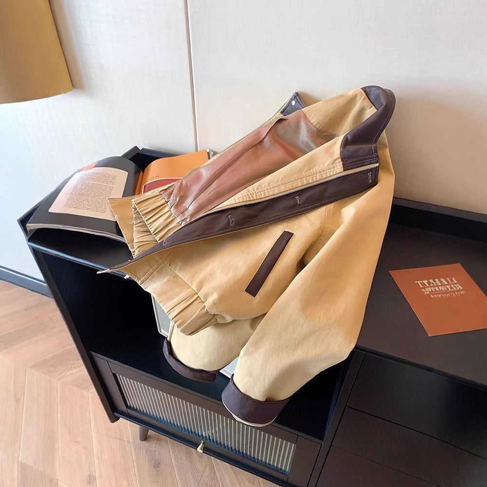 Khaki Leather Patchwork Stand Collar Jacket Short Coat For Women Autumn
