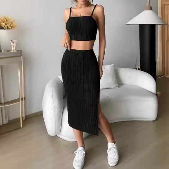 Women's Solid Color Stretch Tight Midriff-baring Camisole Hip Skirt Suit