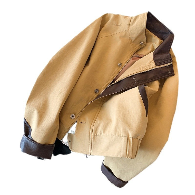 Khaki Leather Patchwork Stand Collar Jacket Short Coat For Women Autumn