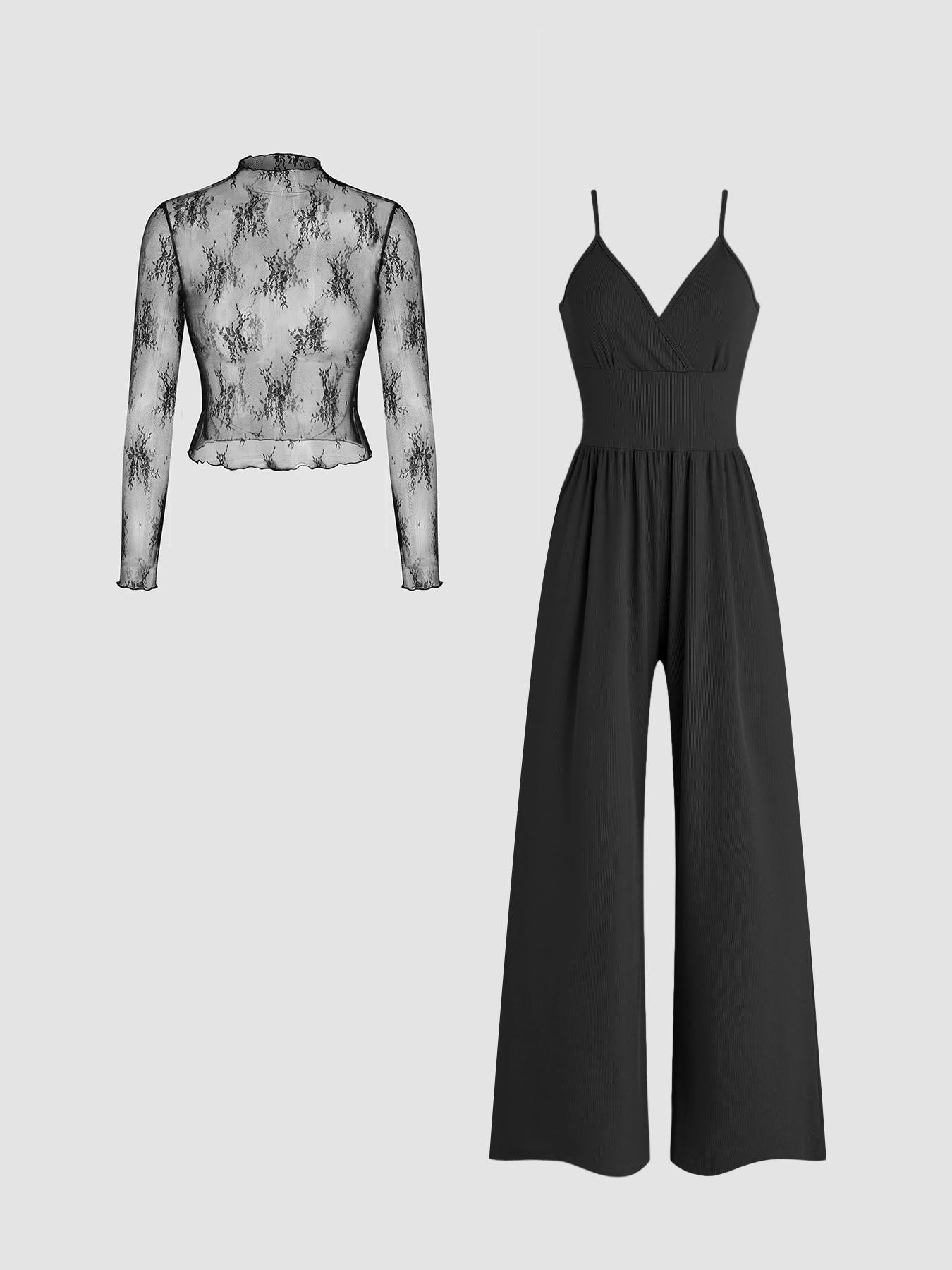 Lace Long Sleeve Sling Slim Fit Bodysuit V-neck Wide Leg Suit