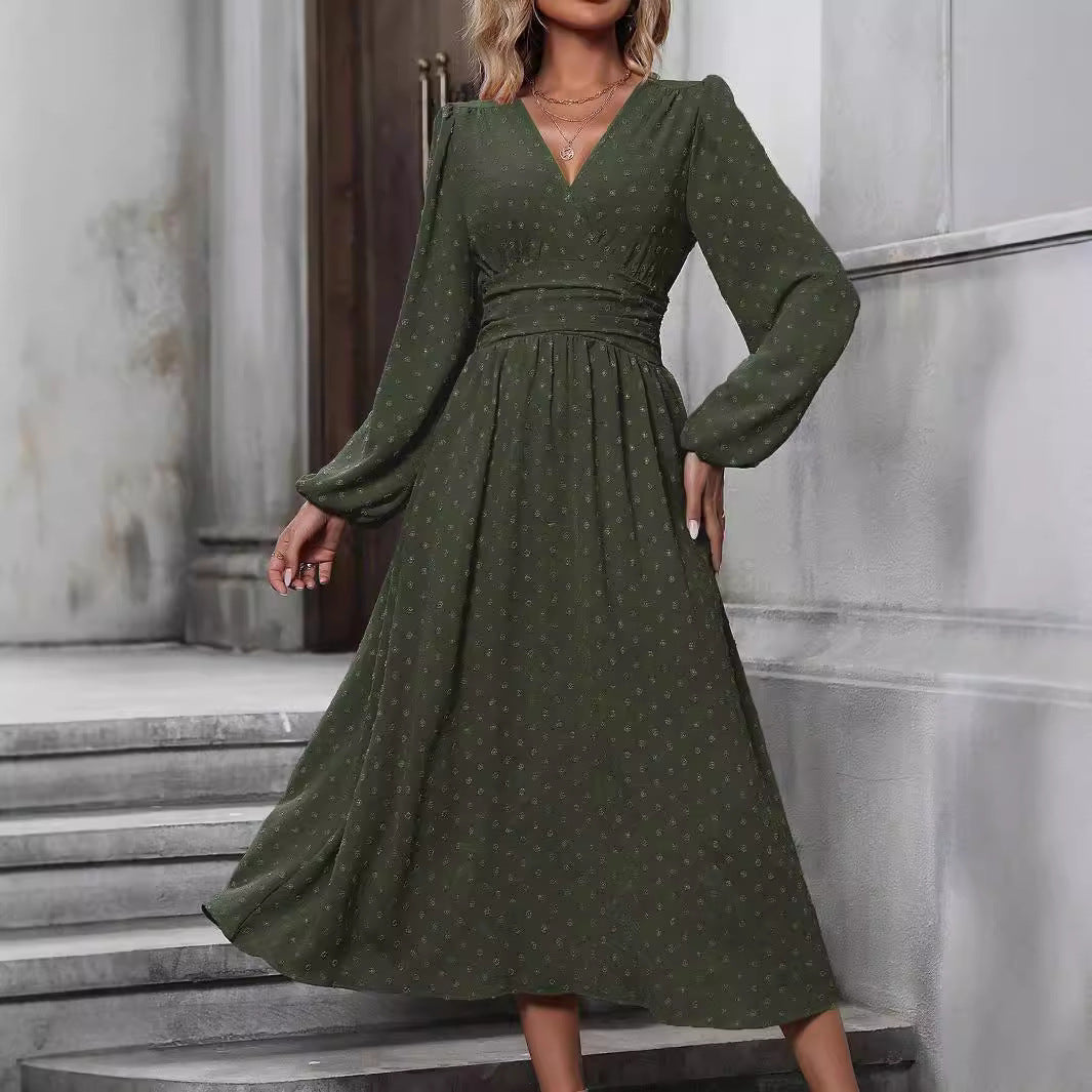 Lantern Sleeve Pleated Waist Dress
