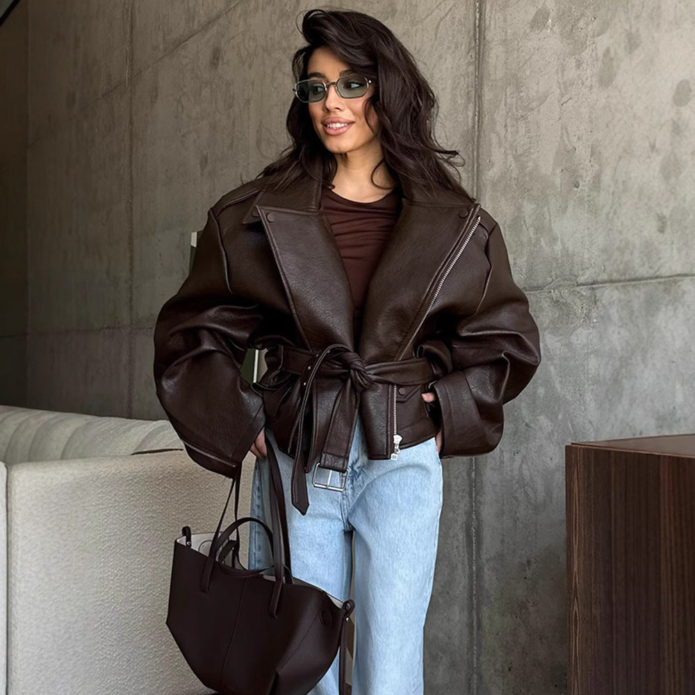 Lady Temperament Short Lace Up Leather Coat