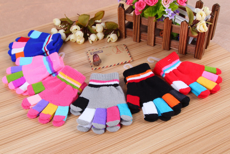 Knitted Thick Color Striped Full Finger Warm Gloves