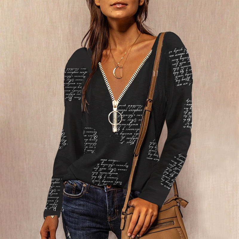 Zipper V-neck English Print Long Sleeve Casual Top