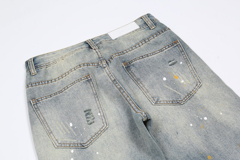 Knife Cut Ink Wash Distressed Straight-leg Jeans