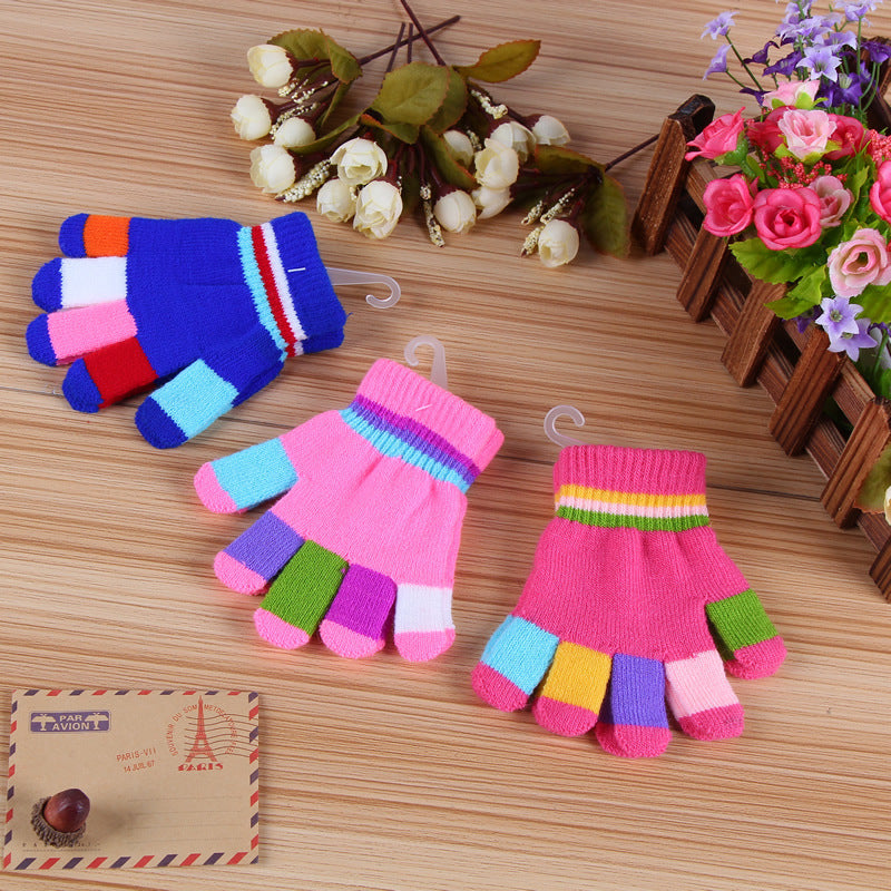 Knitted Thick Color Striped Full Finger Warm Gloves