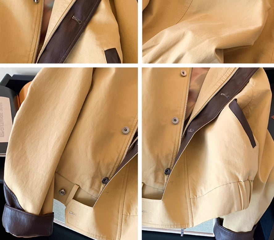 Khaki Leather Patchwork Stand Collar Jacket Short Coat For Women Autumn