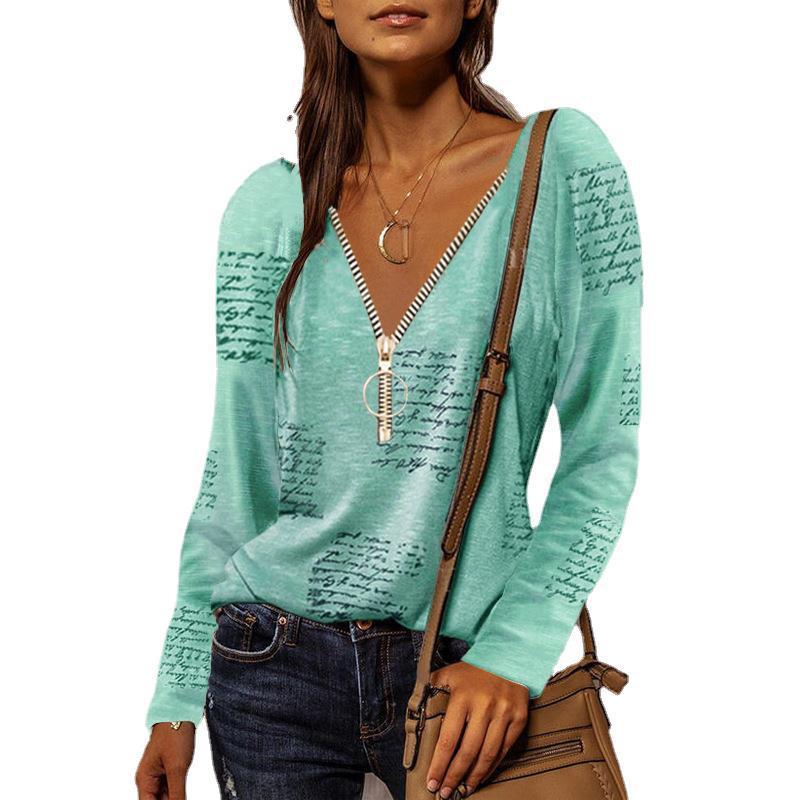 Zipper V-neck English Print Long Sleeve Casual Top