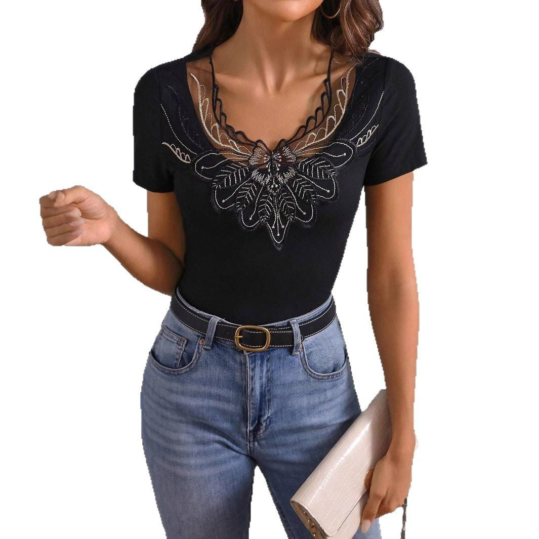 Ladies Solid Color Simple Embroidered Short Sleeve