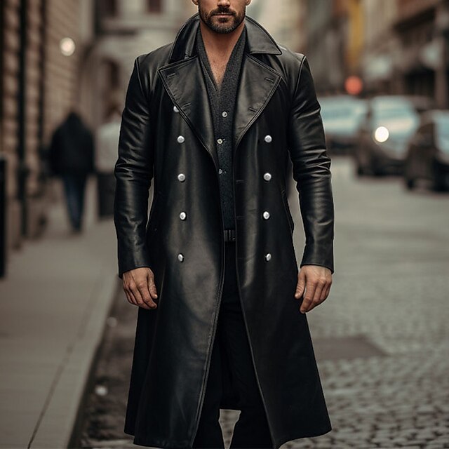 Long Trench Coat Male Double-breasted Leather Jacket
