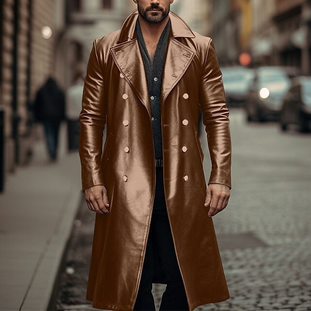 Long Trench Coat Male Double-breasted Leather Jacket