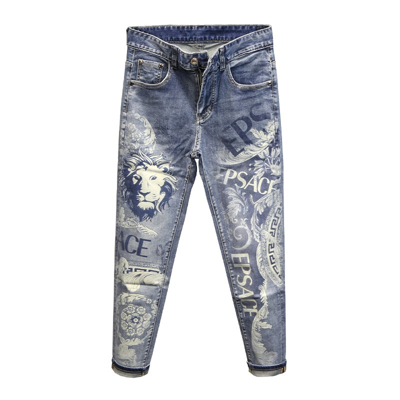 Lion Print Men's Jeans Summer New Slim Fit