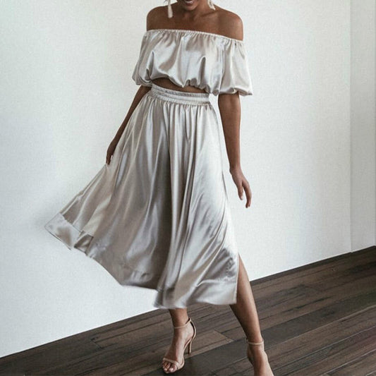 Ladies Split Skirt, Satin Sexy Dress With A Neckline