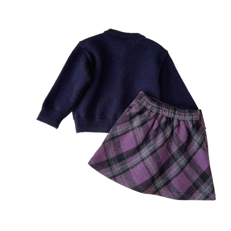Autumn New Fashion Button Sweater Tartan Skirt Two-piece Suit