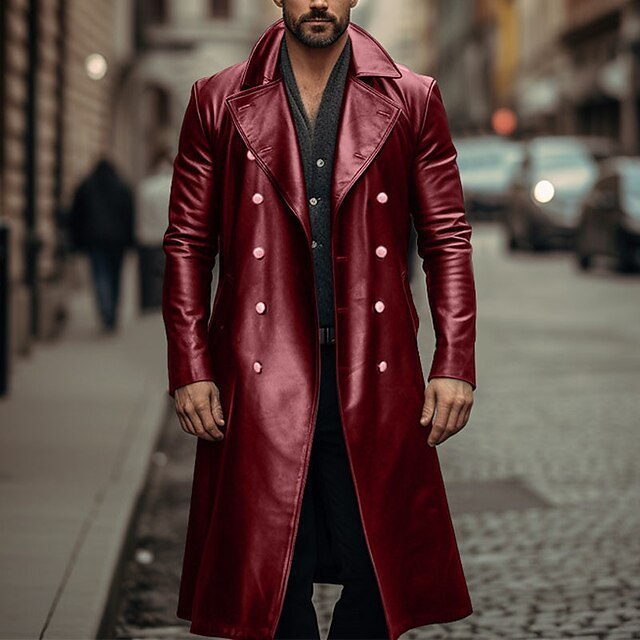 Long Trench Coat Male Double-breasted Leather Jacket
