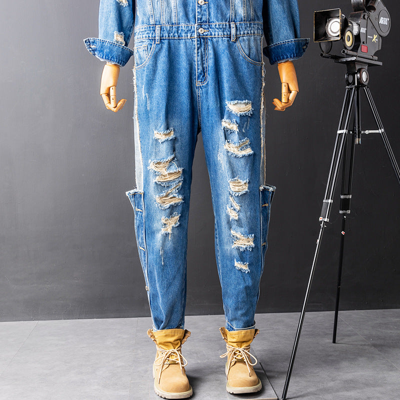 Men's Denim Hip Hop Ripped Wash Cargo Jumpsuit