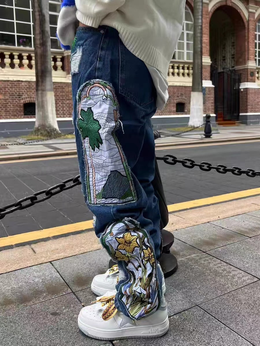 Machine Embroidery Patch Straight-leg Denim Trousers