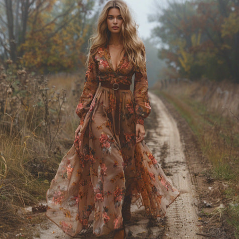 Long Sleeve Digital Printed V-neck Dress
