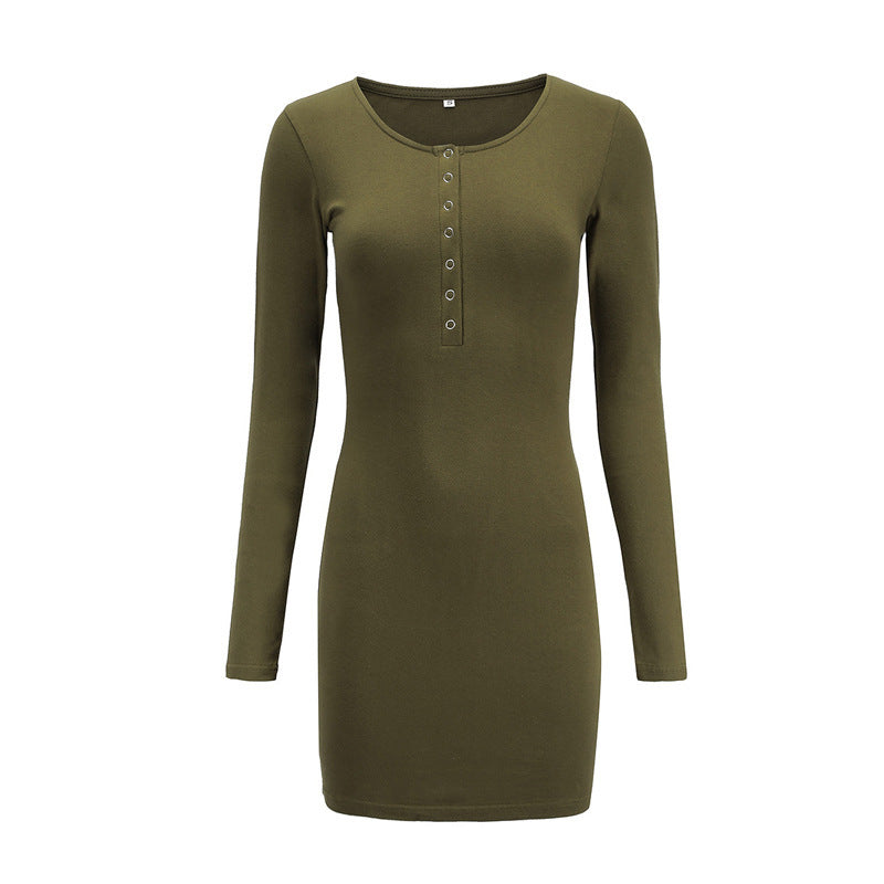 Women's Top Long Sleeve V-neck Metal Buckle Dress