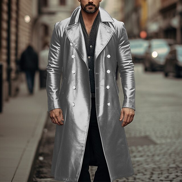 Long Trench Coat Male Double-breasted Leather Jacket