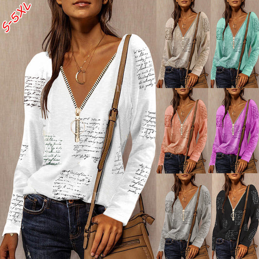 Zipper V-neck English Print Long Sleeve Casual Top