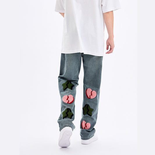Men's And Women's Fashion Back Towel Embroidery Straight Jeans