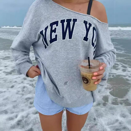 Women's Simple Letter Print Off-shoulder Long Sleeve Sweater