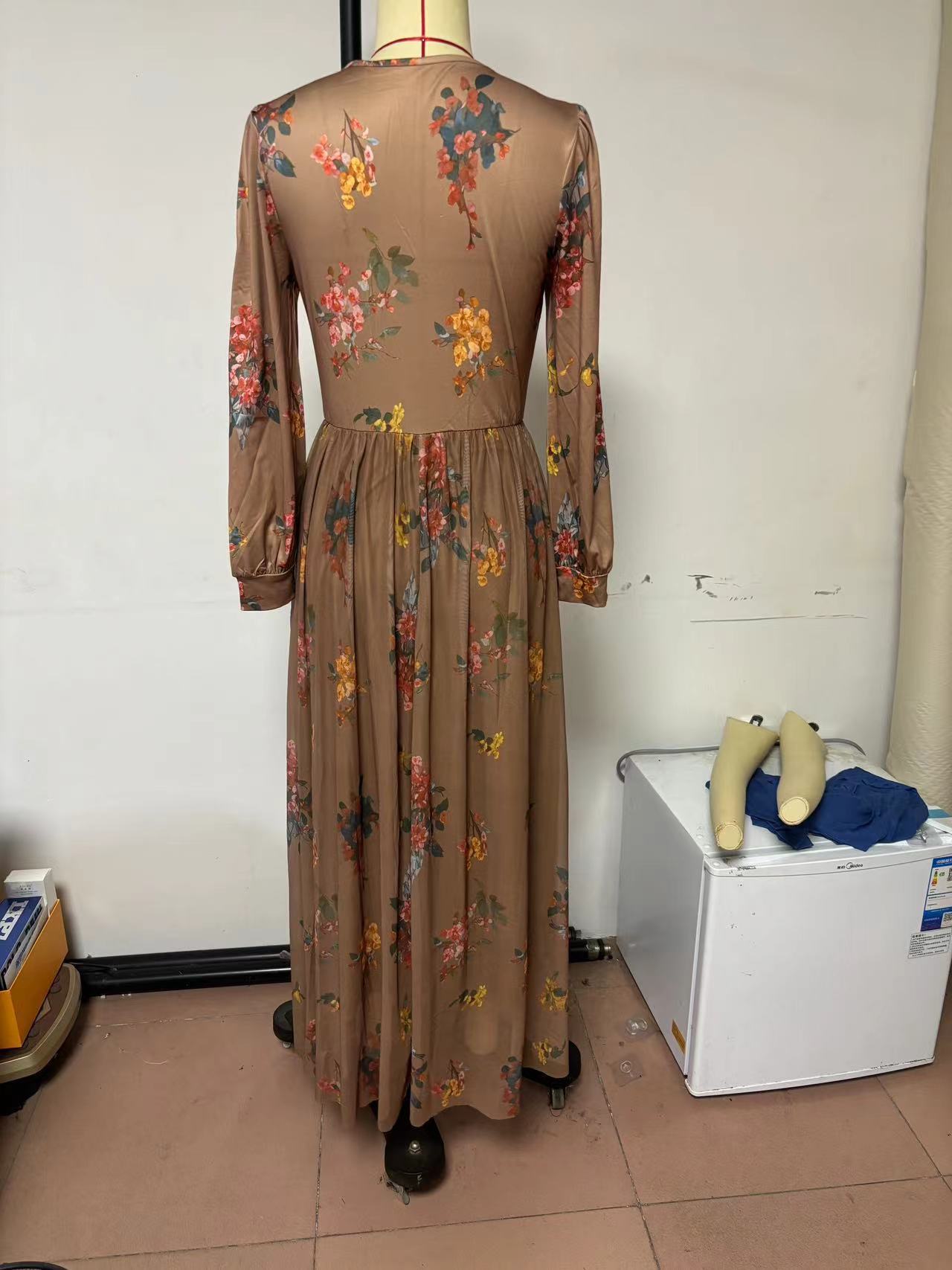 Long Sleeve Digital Printed V-neck Dress
