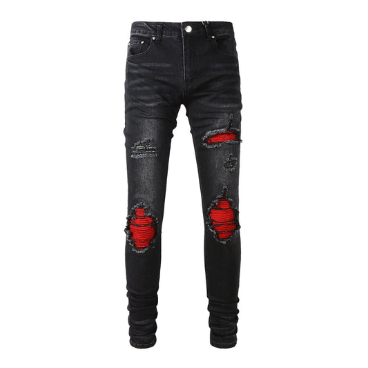 Men's Fashion Personality Red Patch Stretch Slim Pants