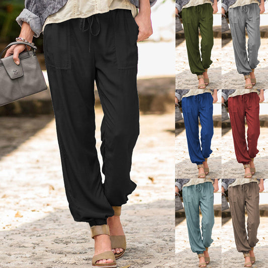 Lace-Up Trousers Solid Color Stretch Knee Pocket Casual Pants